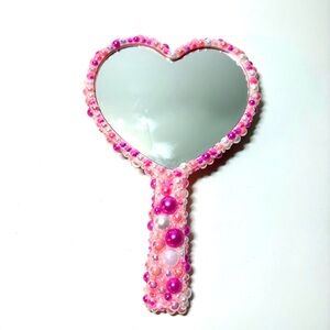 Heart-Shaped pearl and rhinestone Hand Mirror